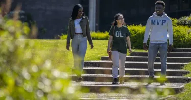 students walking down steps