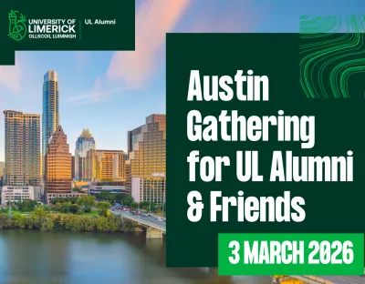 Austin Skyline with overlaid title of event Austin Gathering for UL Alumni & Friends