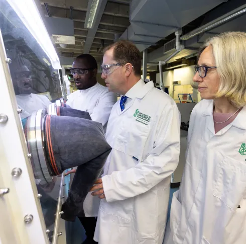 researchers in white coats at the Bernal Institute battery lab