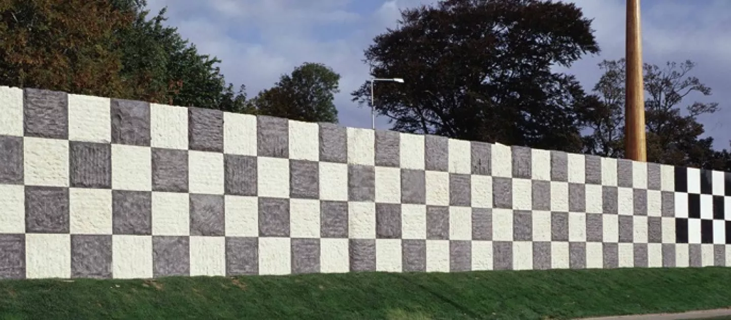 Image of checkered wall outside of the University of Limerick main entrance
