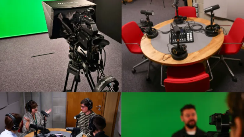 4 groups images of a podcast table, a teleprompter, a person being filmed in front a greenscreen, 4 people at a podcast table